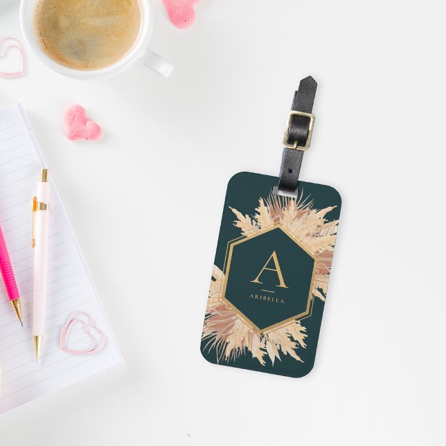 Boho Pampas med förgylld ram Monogram Resväskemärk Bagagebricka (Skapare uppladdad)