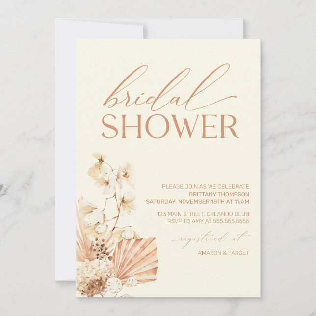 Boho Pampas Modern Bridal Shower floral Invitation Inbjudningar (Framsida)