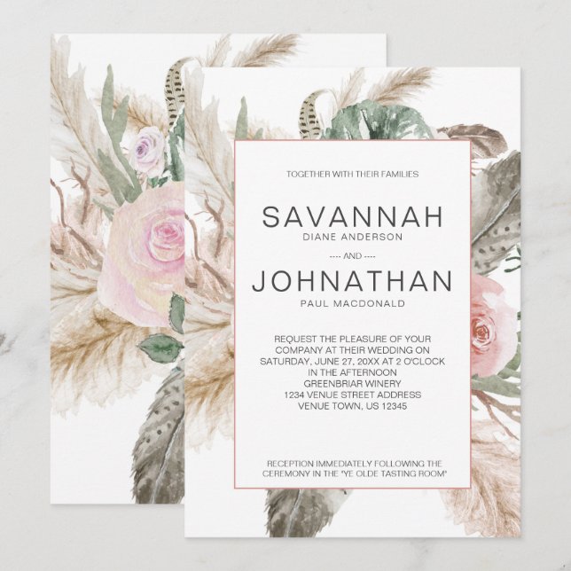 Boho Pampas, Monstera, Tropiska Feathers-Blommigte Inbjudningar (Fram/baksida)