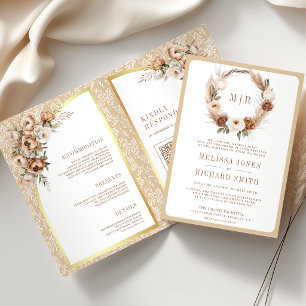 Boho Pampas Neutral Beige Jordnära Blommig Bröllop Inbjudan