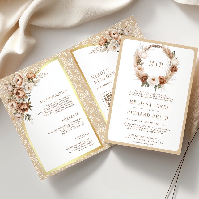 Boho Pampas Neutral Beige Jordnära Blommig Bröllop Inbjudan (Skapare uppladdad)
