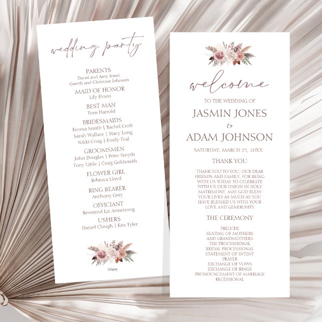 Boho Pampas Neutralt Blommigt Bröllop Välkomstprog (Boho Dusty Pink Dried Flowers Wedding Program)