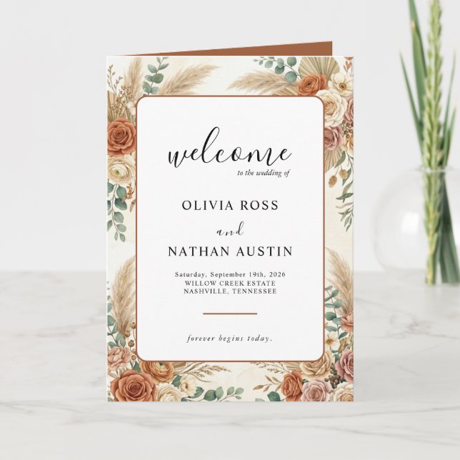 Boho Pampas och Blommig Vikbar Bröllopsprogram Program (Framsida)