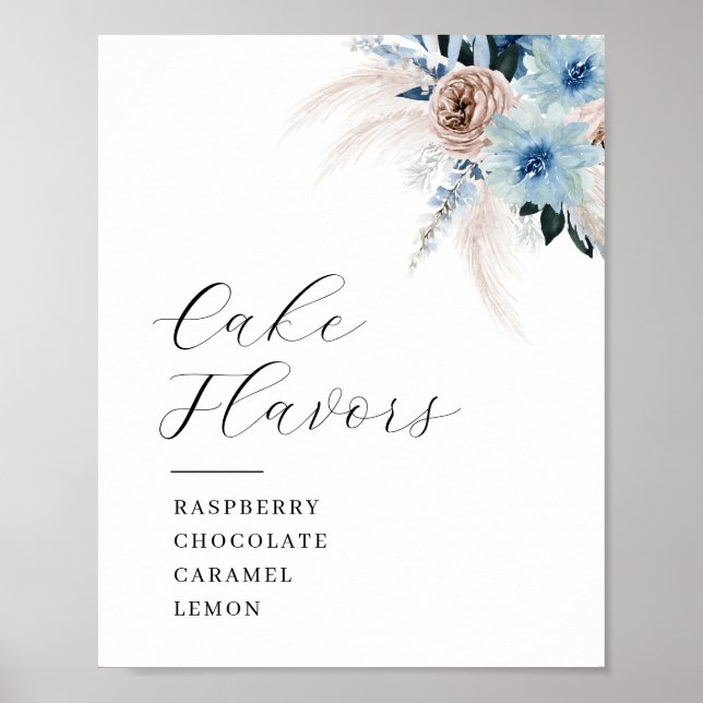 Boho pampas och Blue blommigt Cake flavations-teck Poster (Framsidan)