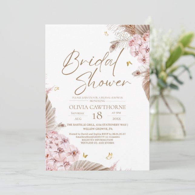 Boho Pampas Orchid Bröllopsdusch Inbjudan (Stående Fram)