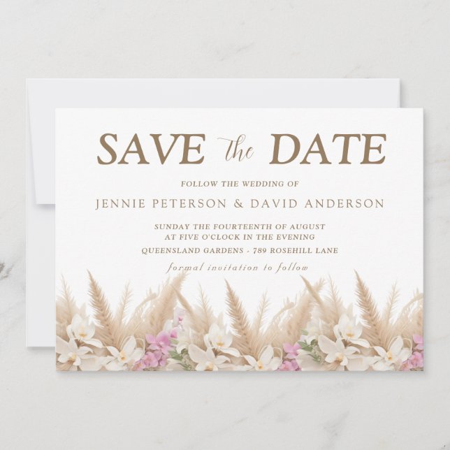 Boho Pampas & Orchid Save Date Card Bröllop Spara Datumet (Framsida)