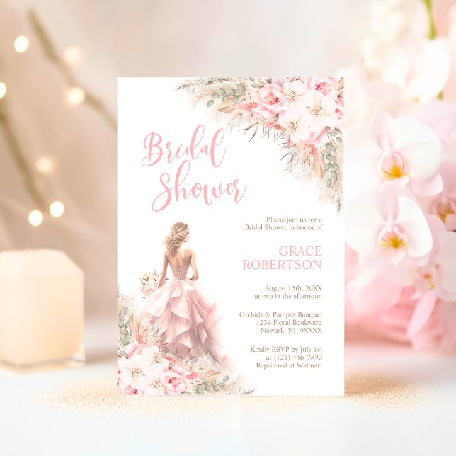 Boho Pampas Orchids Peonies Dress Möhippa Inbjudningar (Boho Pampas Orchids Peonies Dress Bridal Shower Invitation)