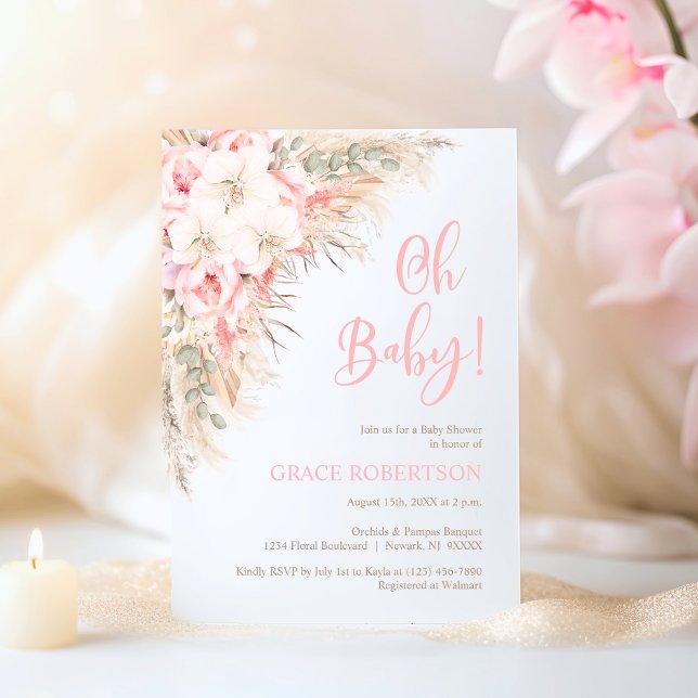 Boho Pampas Orchids Peonies Girl Oh Baby Shower Inbjudningar (Boho Pampas Orchids Peonies Girl Oh Baby Shower Invitation)