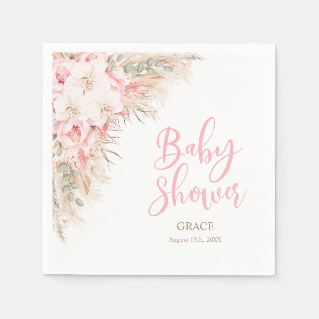 Boho Pampas Orchids Peonies Neutralt Baby Shower Pappersservett (Framsidan)