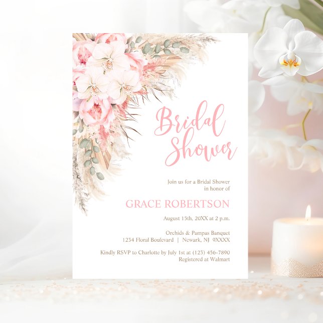 Boho Pampas Orchids Peonies Neutralt Möhippa Inbjudningar (Boho Pampas Orchids Peonies Pampas Grass Bridal Shower Invitation)