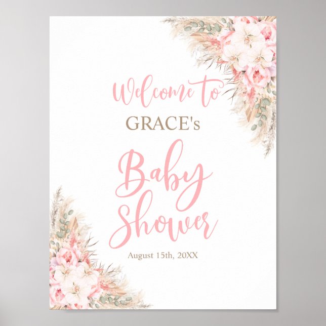 Boho Pampas Orchids Peonies Välkomna Baby Shower Poster (Framsidan)