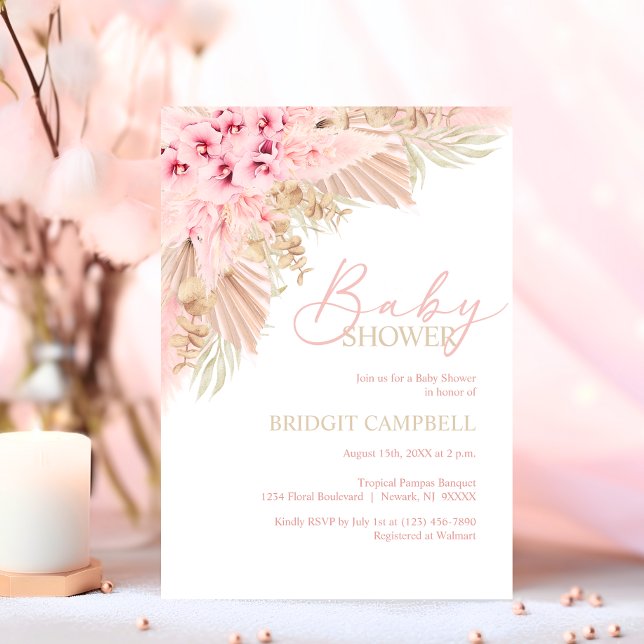 Boho Pampas Orchids Rosa Neutralt Baby Shower Inbjudningar (Boho Pampas Orchids Pink Neutral Baby Shower Invitation)