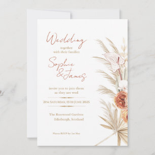 Boho Pampas Peach Ros Tropisk Palm Bröllop Inbjudningar
