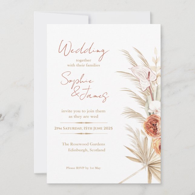 Boho Pampas Peach Ros Tropisk Palm Bröllop Inbjudningar (Framsida)