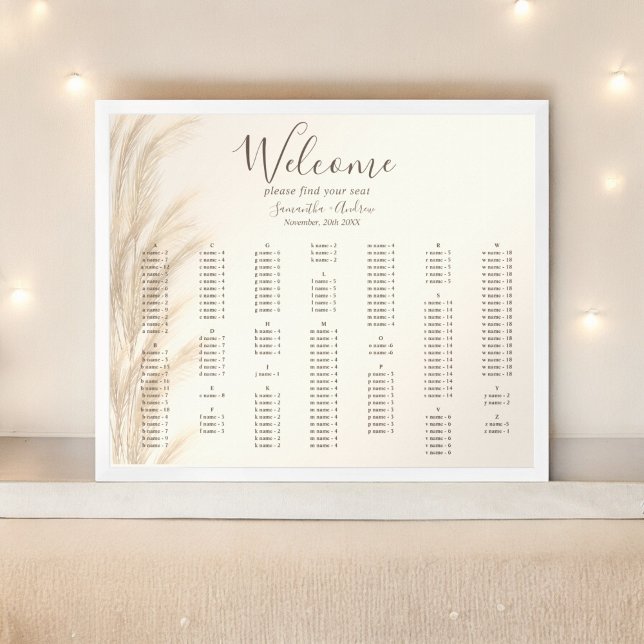 Boho pampas pelare, vattenfärg bröllop poster (Boho pampas grass watercolor wedding seating poster)
