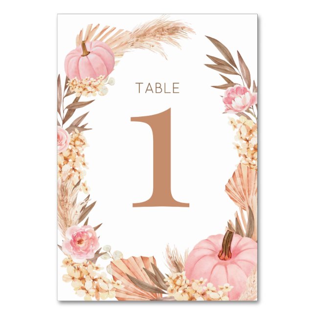 Boho Pampas pink  Pumpkin Table number Bordsnummer (Framsidan)