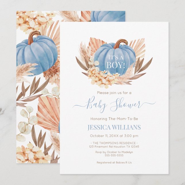 Boho Pampas Pumpkin blue baby shower Inbjudningar (Fram/baksida)