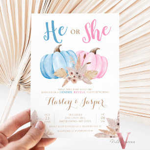 Boho Pampas Pumpkin Rosa Blue Gender Reveal Party Inbjudningar