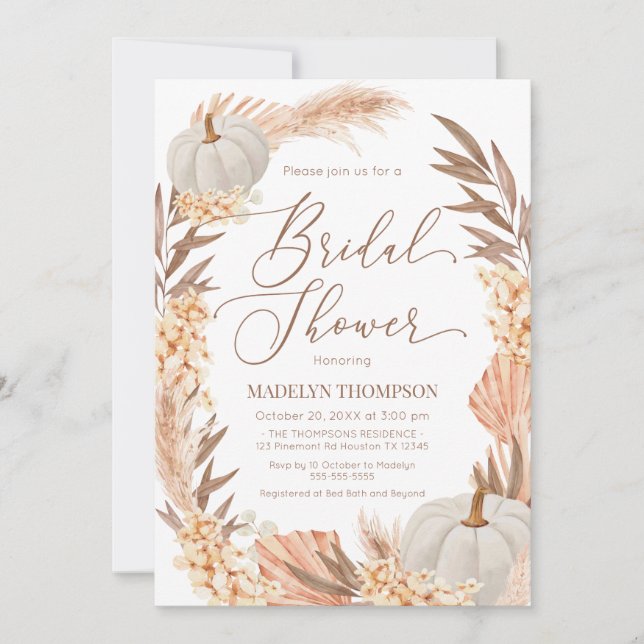 Boho Pampas Pumpkin White Bridal Shower Inbjudningar (Framsida)
