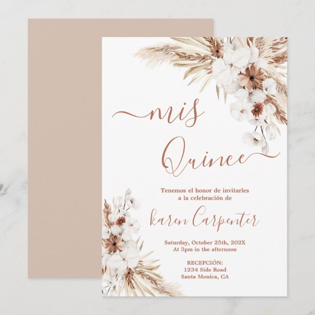 Boho Pampas Quinceanera-inbjudan Inbjudningar (Fram/baksida)