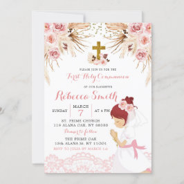 Boho Pampas Red Hair Girl First Communion Inbjudningar