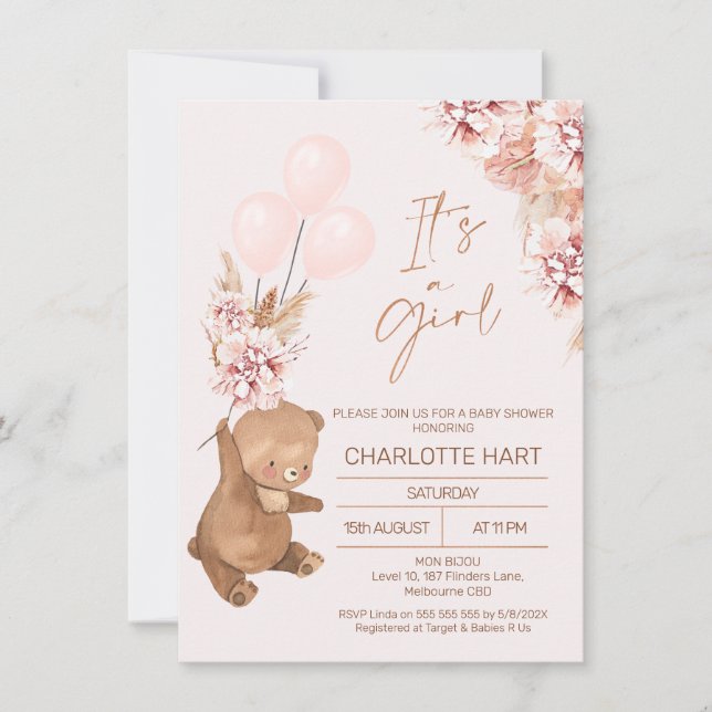 Boho Pampas Ro Guld Bear Ballower Baby Shower Inbjudningar (Framsida)