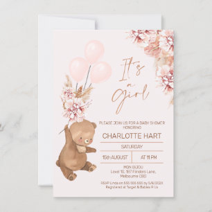 Boho Pampas Ro Guld Bear Ballower Baby Shower Inbjudningar
