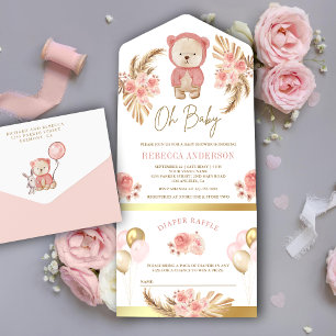 Boho Pampas Rosa Blommig Teddybjörn Bebisbad