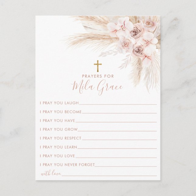 Boho Pampas Rosa Girl Blommigt Baptism Prayer Card Vykort (Framsida)