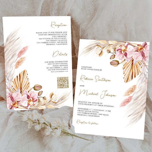 Boho Pampas Rosa Orkidé Blommig QR-kod Bröllop Inbjudningar (Skapare uppladdad)