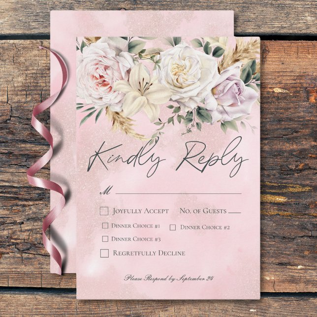 Boho Pampas & Rosa ros Bröllop Middag OSA Kort (Boho Pampas & Pink Roses Wedding Dinner RSVP Card)
