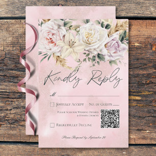 Boho Pampas & Rosa ros Bröllop QR-kod OSA Kort