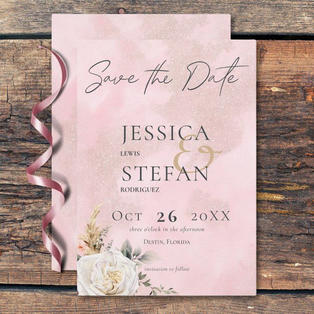 Boho Pampas & Rosa ros Bröllop Spara Datumet (Boho Pampas & Pink Roses Wedding Save The Date)