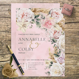 Boho Pampas & Rosa ros bröllopsinbjudan Inbjudningar