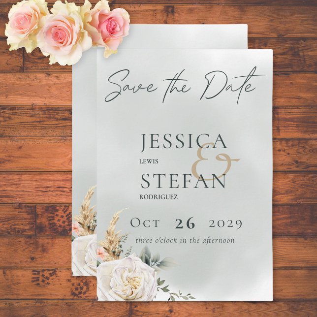 Boho Pampas & Rosa ros Grönt Bröllop Spara Datumet (Boho Pampas & Pink Roses Green Wedding Save The Date Card)