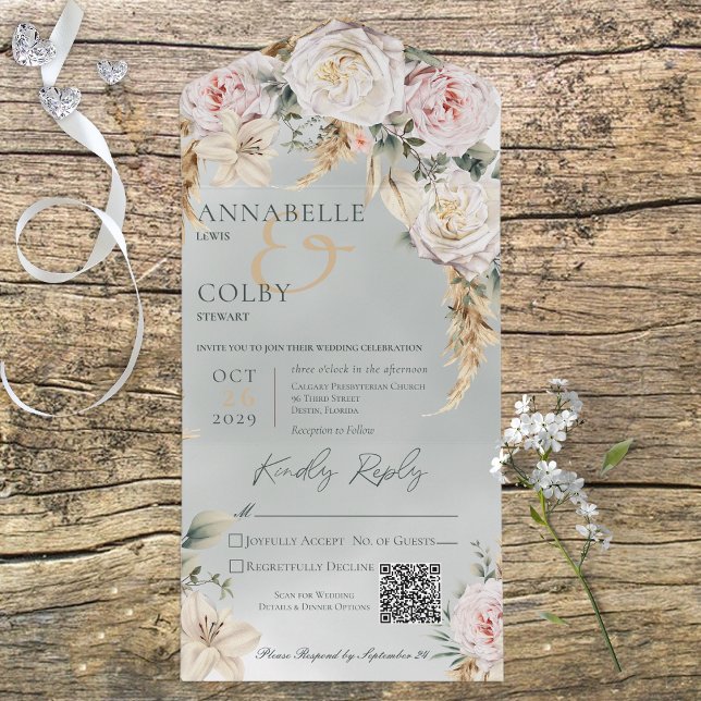 Boho Pampas & Rosa ros Grönt QR-kod (Skapare uppladdad)