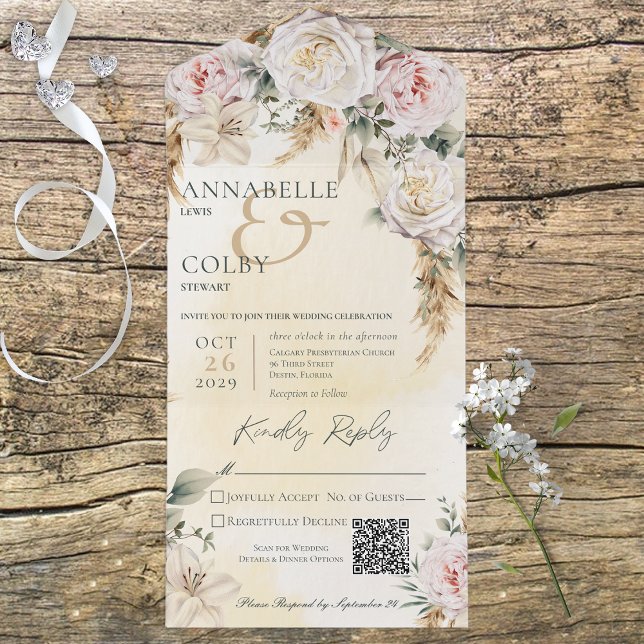 Boho Pampas & Rosa ros Gult QR-kod (Skapare uppladdad)