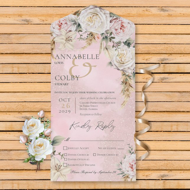 Boho Pampas & Rosa ros Rosa 3 Middag (Boho Pampas & Pink Roses Pink 3 Dinner All In One Invitation)