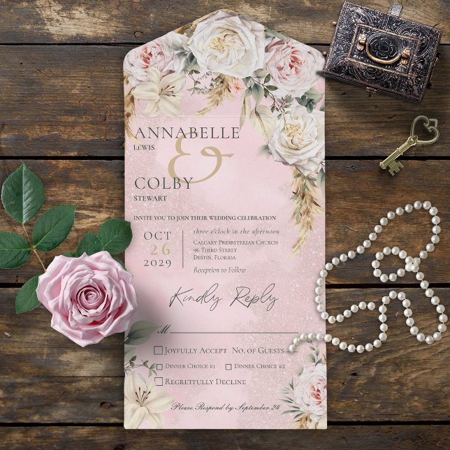 Boho Pampas & Rosa ros Rosa Middag (Also available with a QR code or without dinner selection options.)