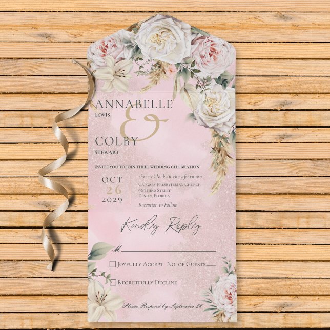 Boho Pampas & Rosa ros Rosa No Middag (Also available with a QR code or with dinner selection options.)