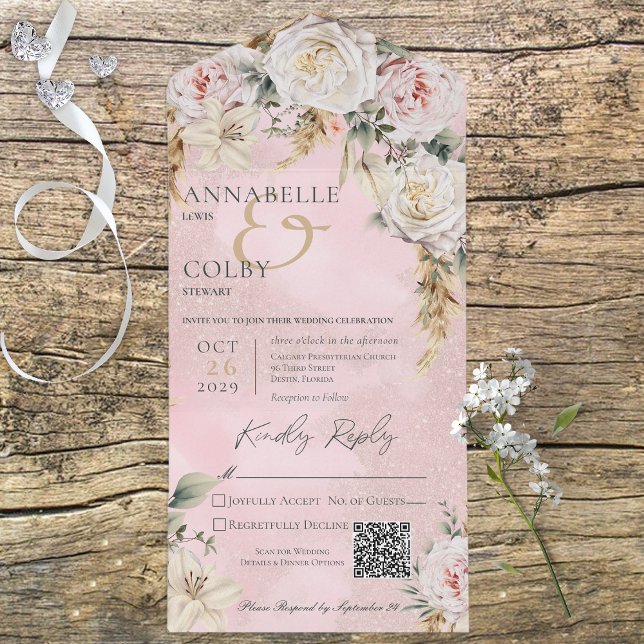 Boho Pampas & Rosa ros Rosa QR-kod (Also available without a QR code; with or without dinner selection options.)