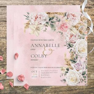 Boho Pampas & Rosa ros Square Bröllop Inbjudningar