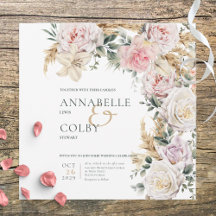 Boho Pampas & Rosa ros Square White Bröllop