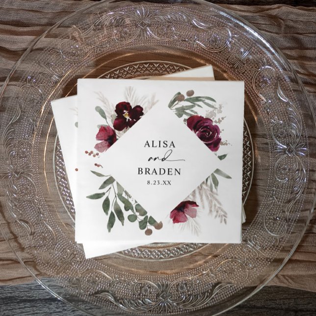 Boho Pampas Rosor Watercolor Bröllop Pappersservett (Boho burgundy & pampas grass watercolor wedding napkins.)