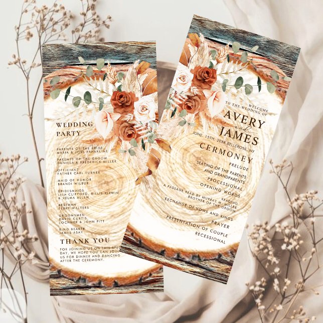 Boho Pampas Rustic Wood Slice Wedding Program  (Skapare uppladdad)