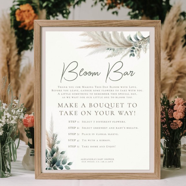 Boho Pampas Sage Grönt Baby Shower Bloom Pub-tecke Poster (baby shower flower bar sign make your own bouquet pampas grass greenery boho chic)