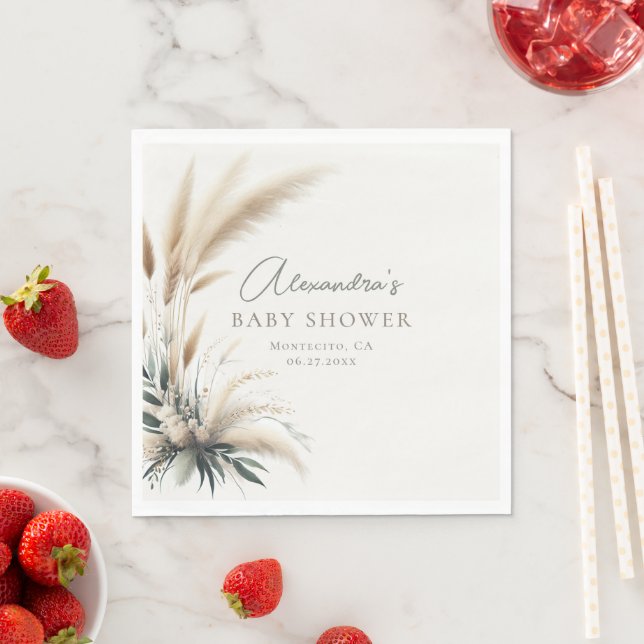 Boho Pampas Sage Grönt Baby Shower Personlig Pappersservett (Insitu)