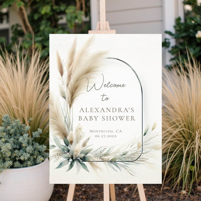 Boho Pampas Sage Grönt Baby Shower Välkomsttecken Poster (baby shower welcome sign pampas grass greenery boho chic)