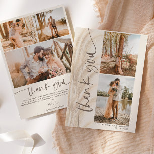 Boho pampas script 5 foton bröllop tack kort