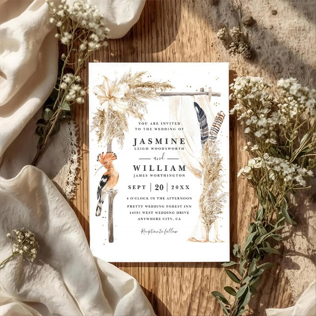 Boho Pampas Tak Elegant QR-kod Bröllop Inbjudningar (Skapare uppladdad)